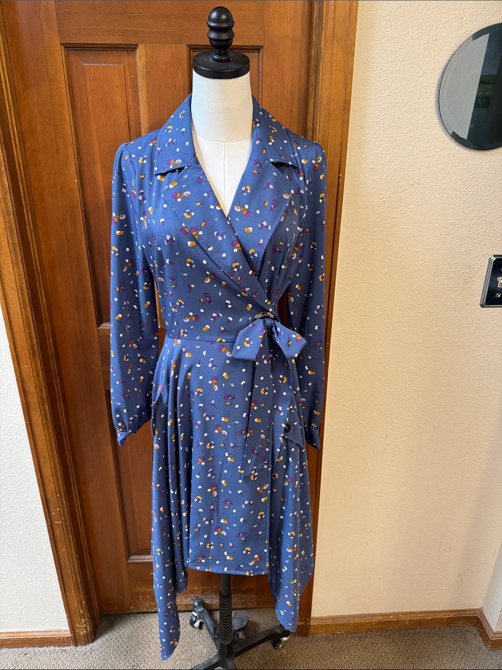 Chriselle Lim Blue Floral Wrap Dress with Tie Waist Size M